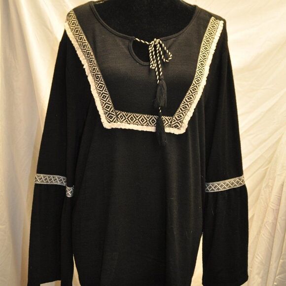 Style & Co. Tops - Style & Co L Black Embroidered Bib Tie Neck Blouse NEW